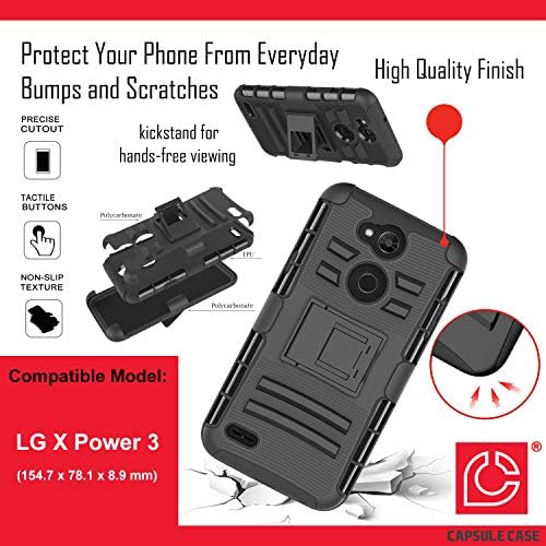 מארז Moriko תואם ל- LG X Power 3 [שכבת שריון הגנה מפני זעזועים עמדות עמדות קיק עמדות חגורה נרתיק משולבת כיסוי מקרה שחור] עבור LG XPower